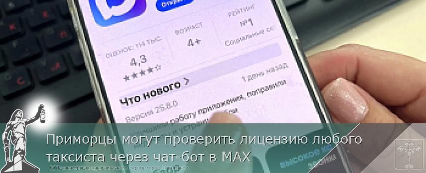 Приморцы могут проверить лицензию любого таксиста через чат-бот в МАХ | Администрация муниципального округа город Партизанск Приморского края Официальный сайт Приморцы могут проверить лицензию любого таксиста через чат-бот в МАХ | Администрация муниципального округа город Партизанск Приморского края Официальный сайт