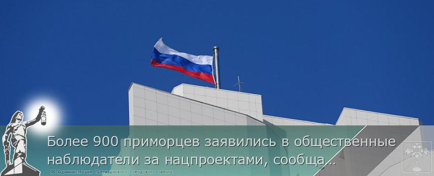 Более 900 приморцев заявились в общественные наблюдатели за нацпроектами, сообщает primorsky.ru